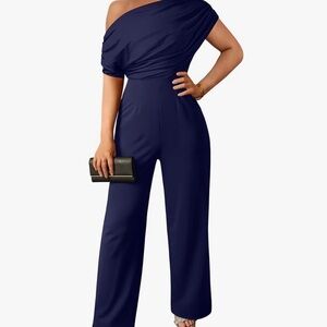 Off-Shoulder Navy Wide-Leg Jumpsuit